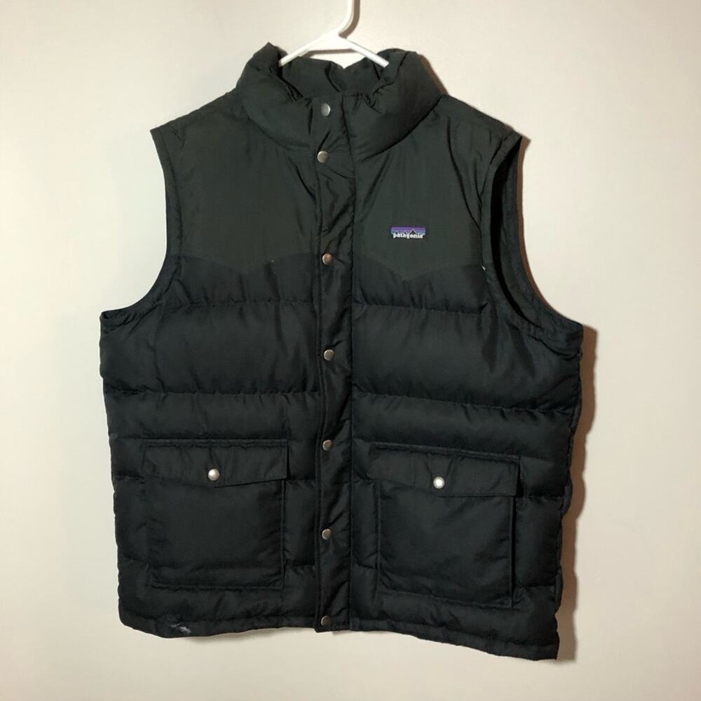 Patagonia mens slingshot goosedown puffer vest two tone black grey L snap zip